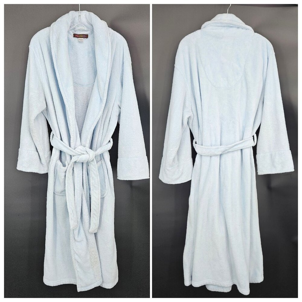 Stan Herman Robe Womens L/XL Light Blue Plush Fleece Belted Shawl Collar Pockets